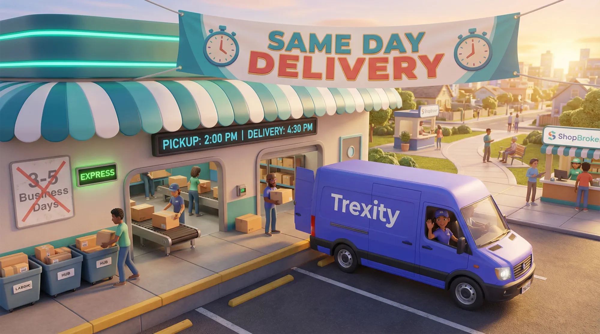 ShopBroker delivery in progress showing same-day local delivery versus shipping timeline comparison