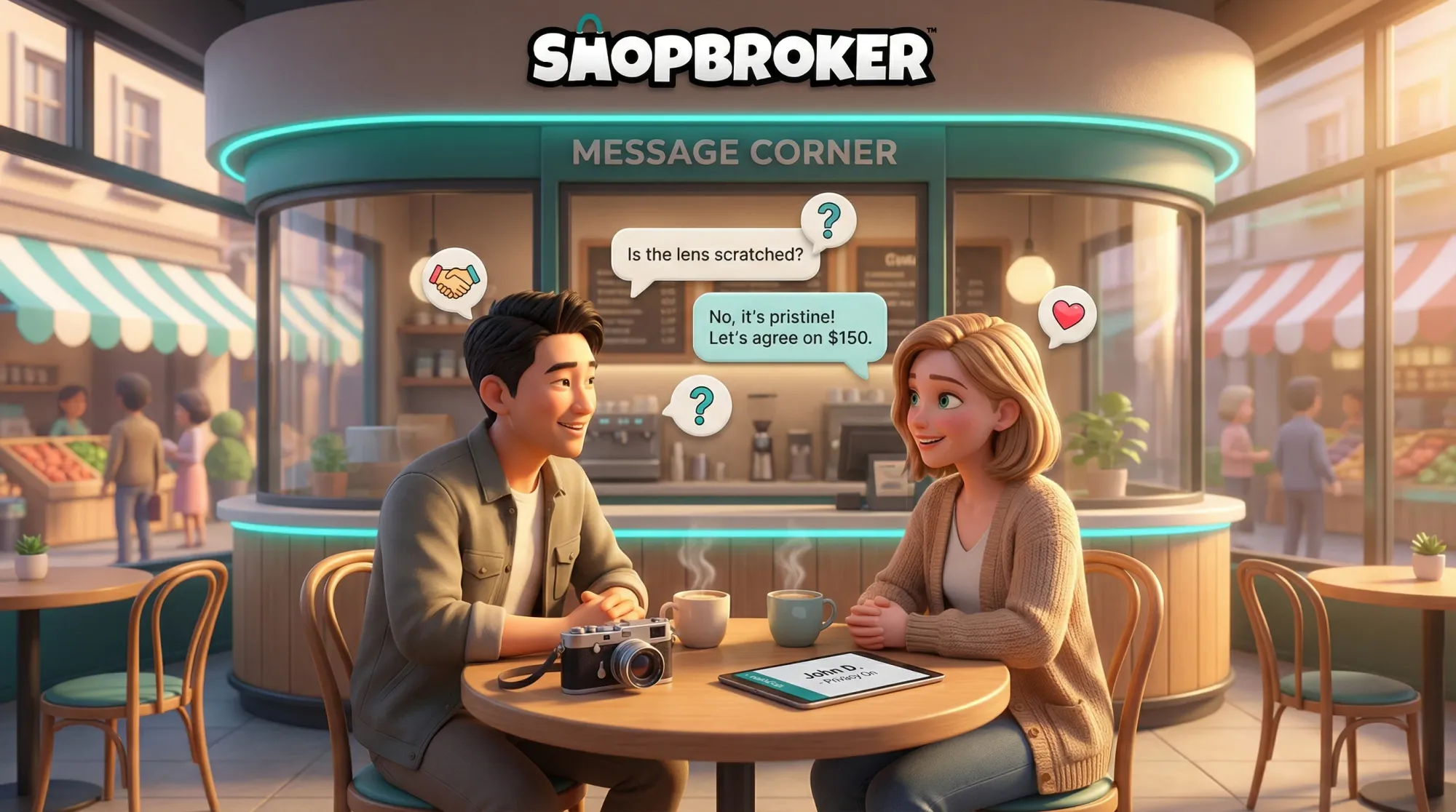 ShopBroker messaging interface showing conversation between buyer and seller discussing item details before purchase