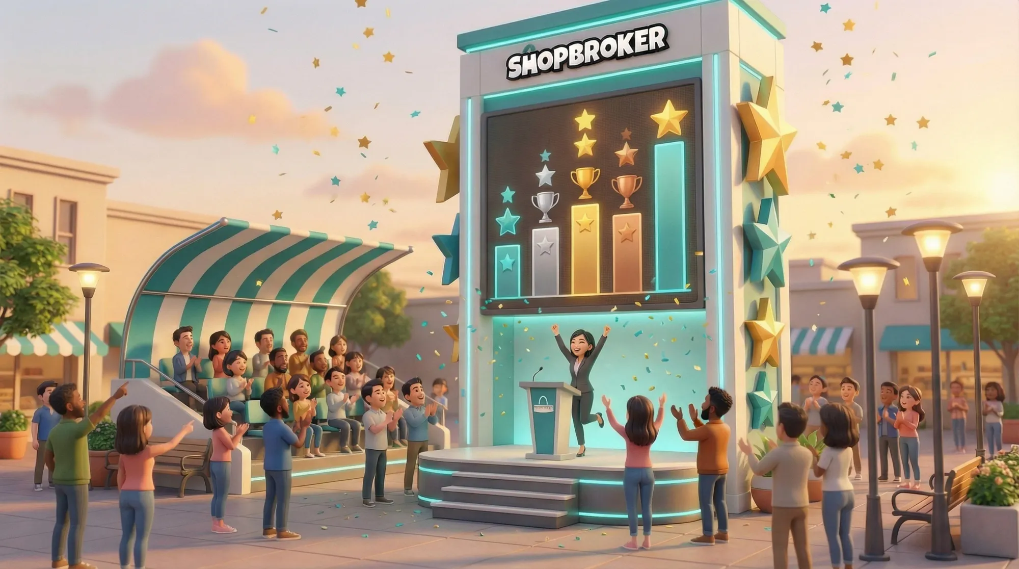 Leaderboard Tower with star rankings, trophies, and citizens celebrating their achievements