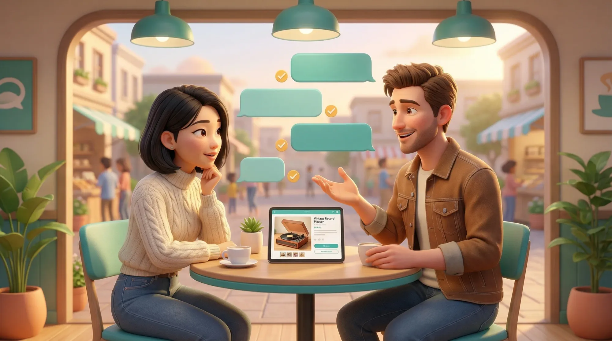 Two people using ShopBroker direct messaging to negotiate a local sale at Message Corner cafe