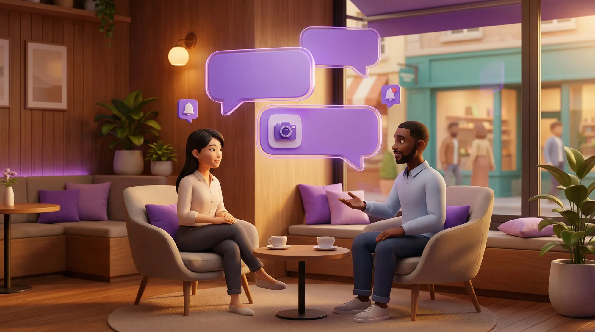 Cozy Message Corner cafe with buyer and seller having a friendly conversation with chat bubbles