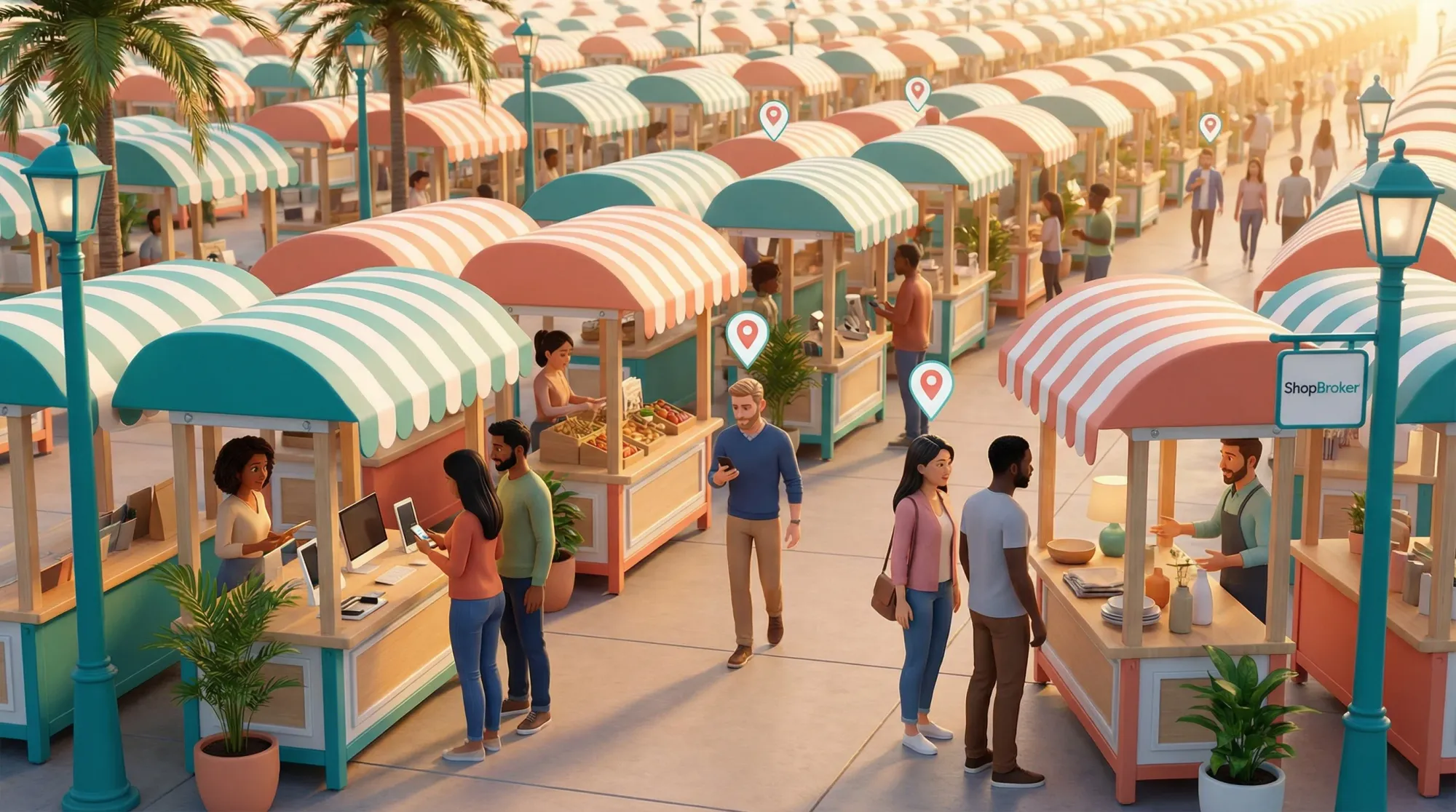 Bustling marketplace plaza with rows of charming kiosks and diverse shoppers browsing