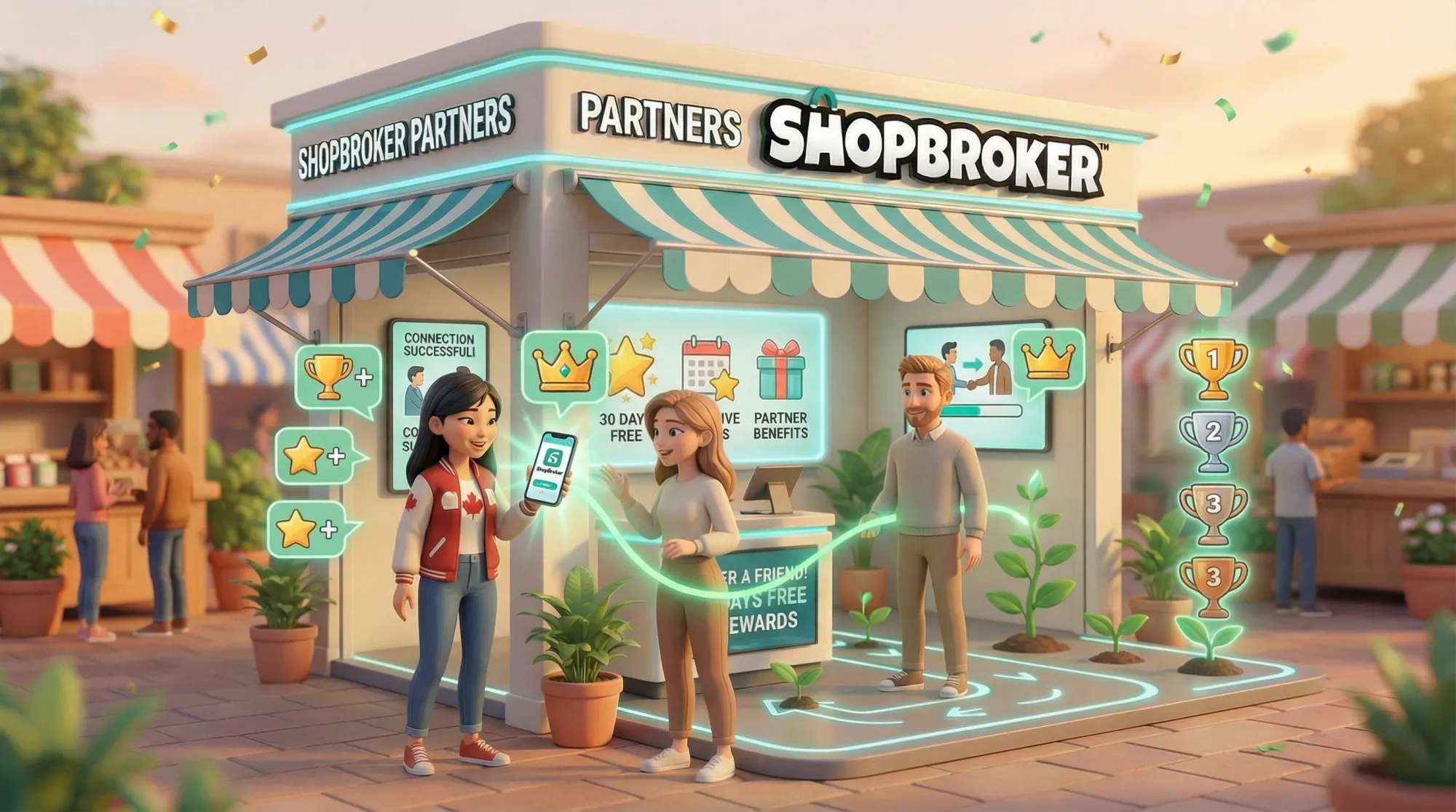 Partners Pavilion with two friends sharing referrals and growth visualizations