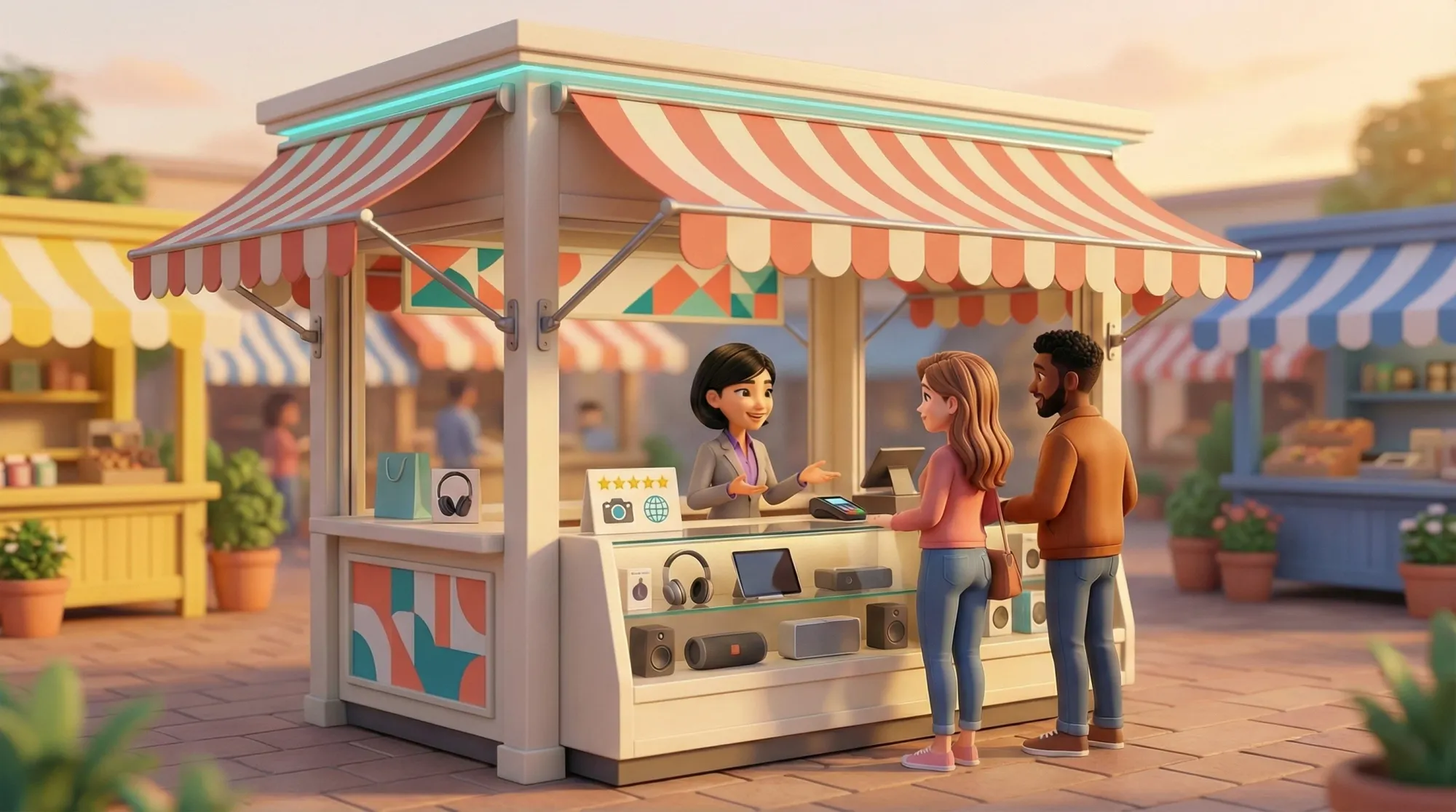 Charming personalized kiosk with custom branding, striped awning, and welcoming seller