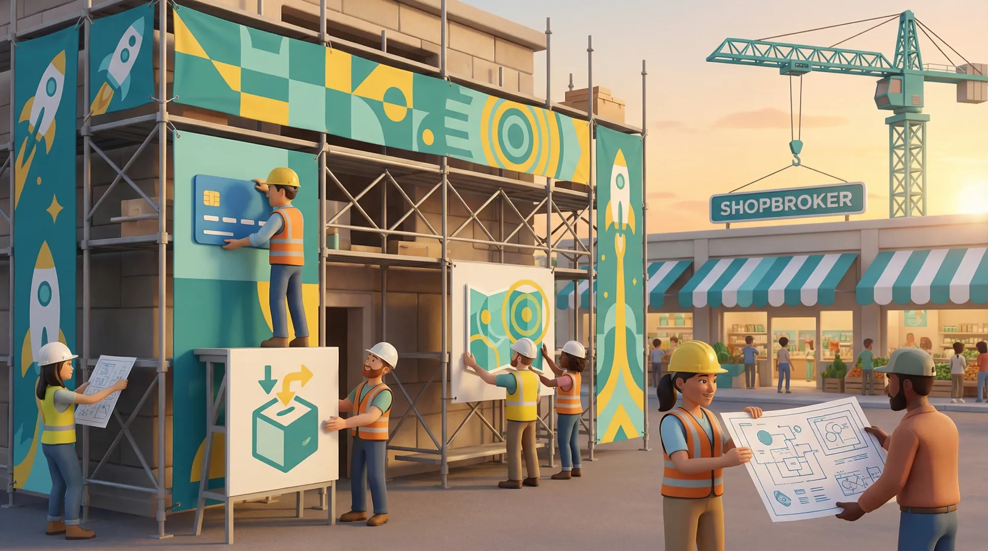 Construction Zone with scaffolding, exciting banners, and workers building new features