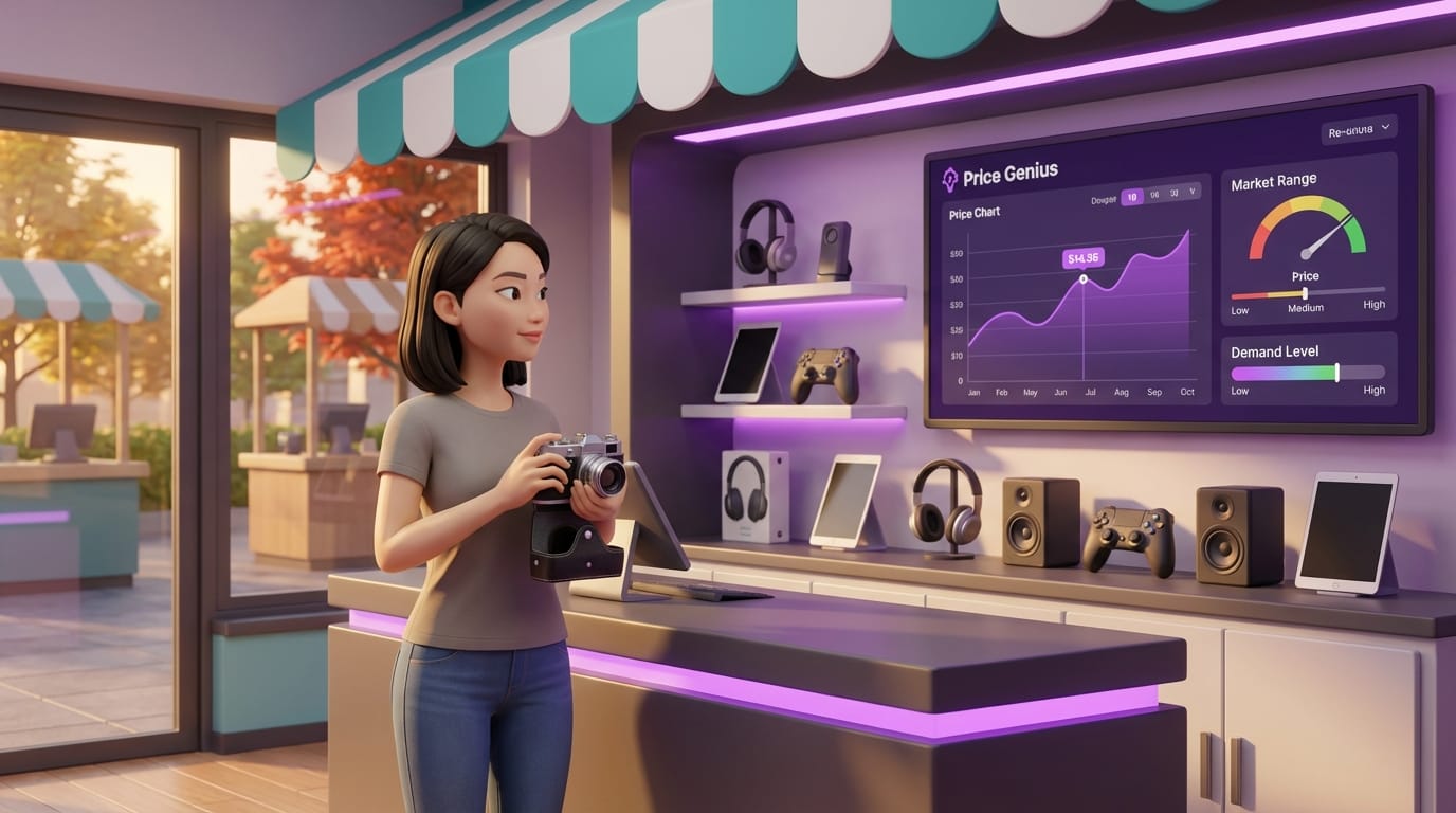 Price Genius Workshop with seller using AI pricing tool for vintage camera