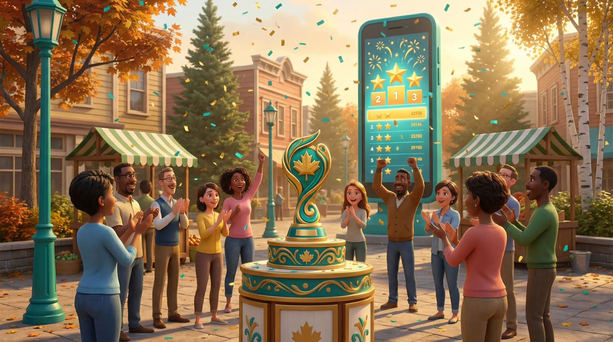 Innovation award celebration with sustainability trophy and cheering community