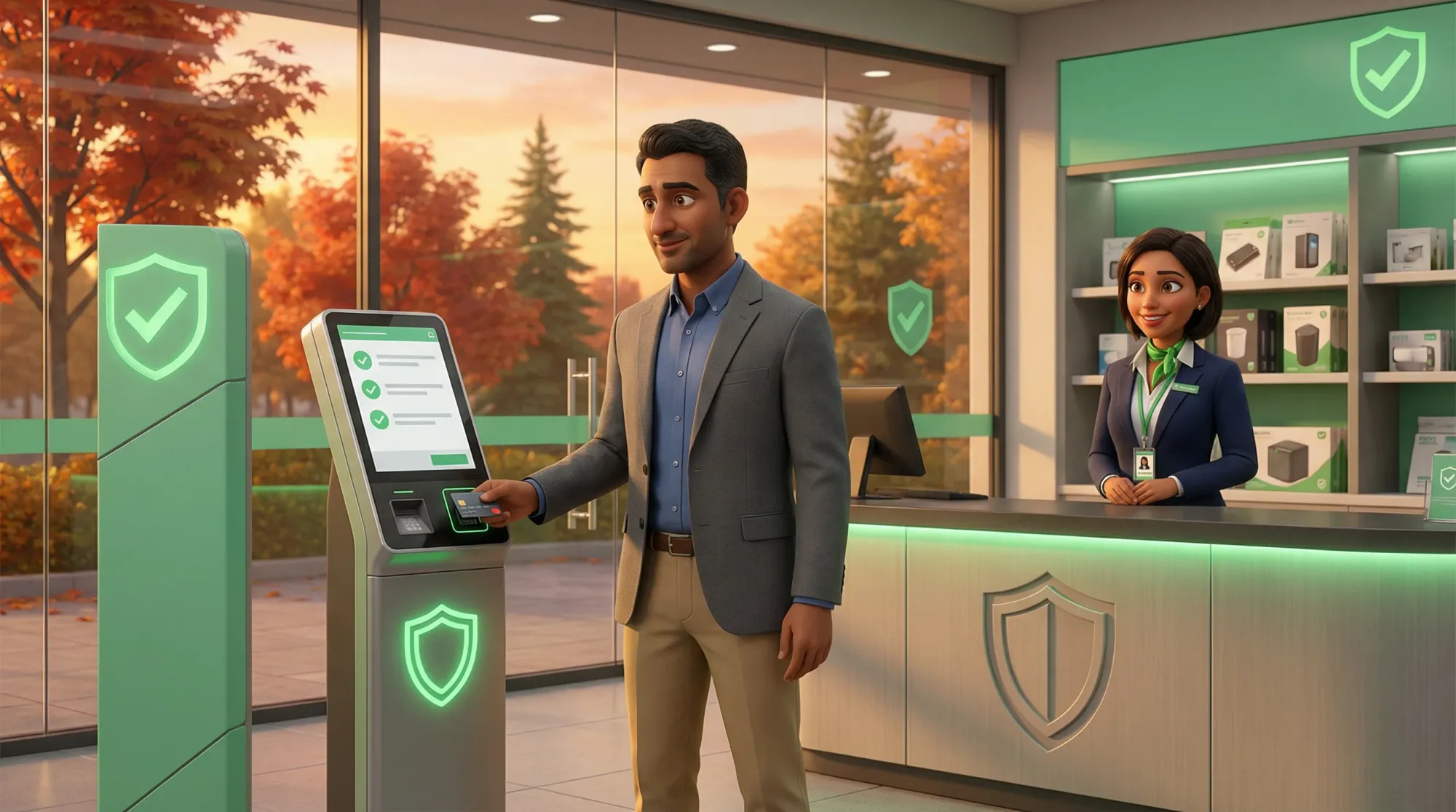 Secure payment station with verified transaction and trust shield icons