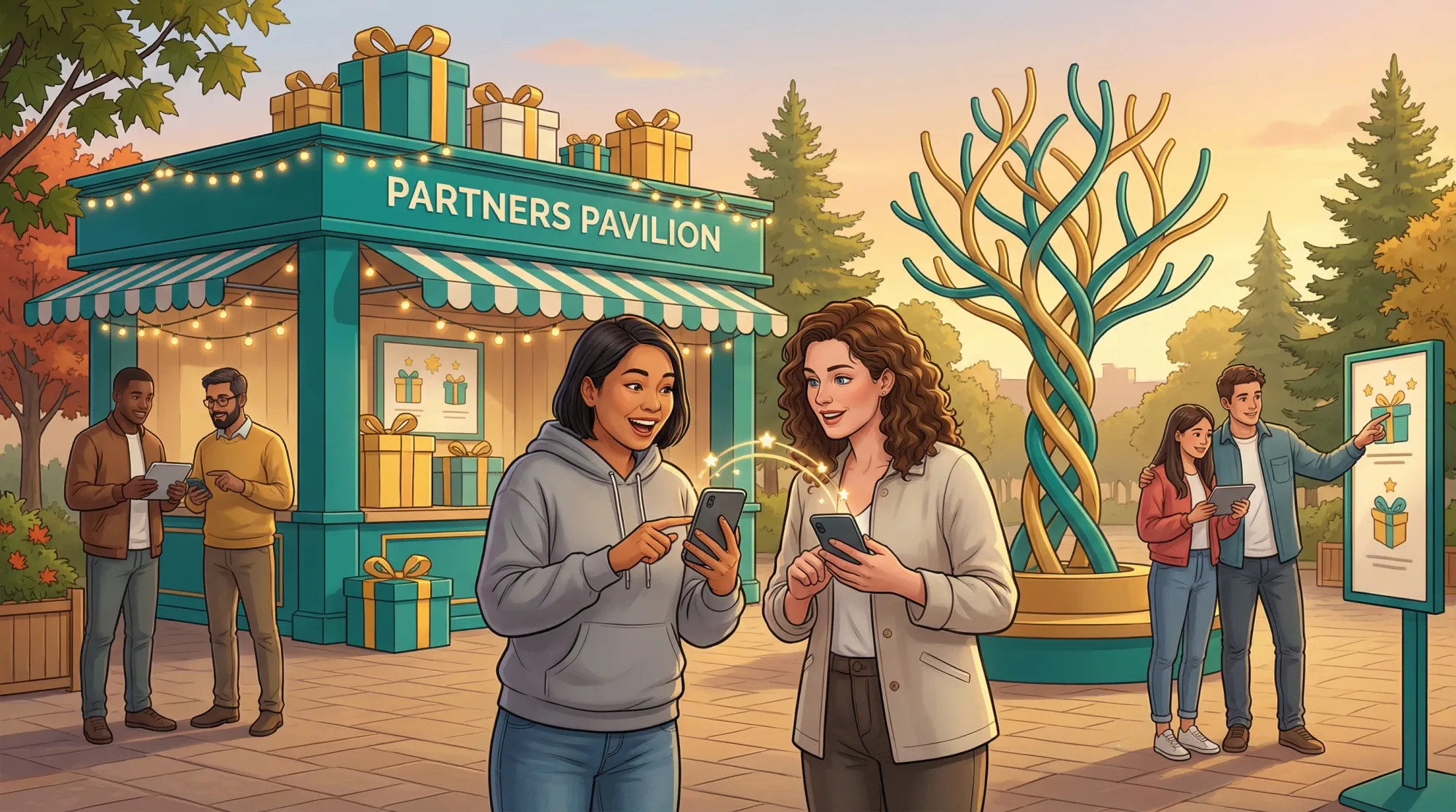 Partners Pavilion with friends sharing referral links on their phones