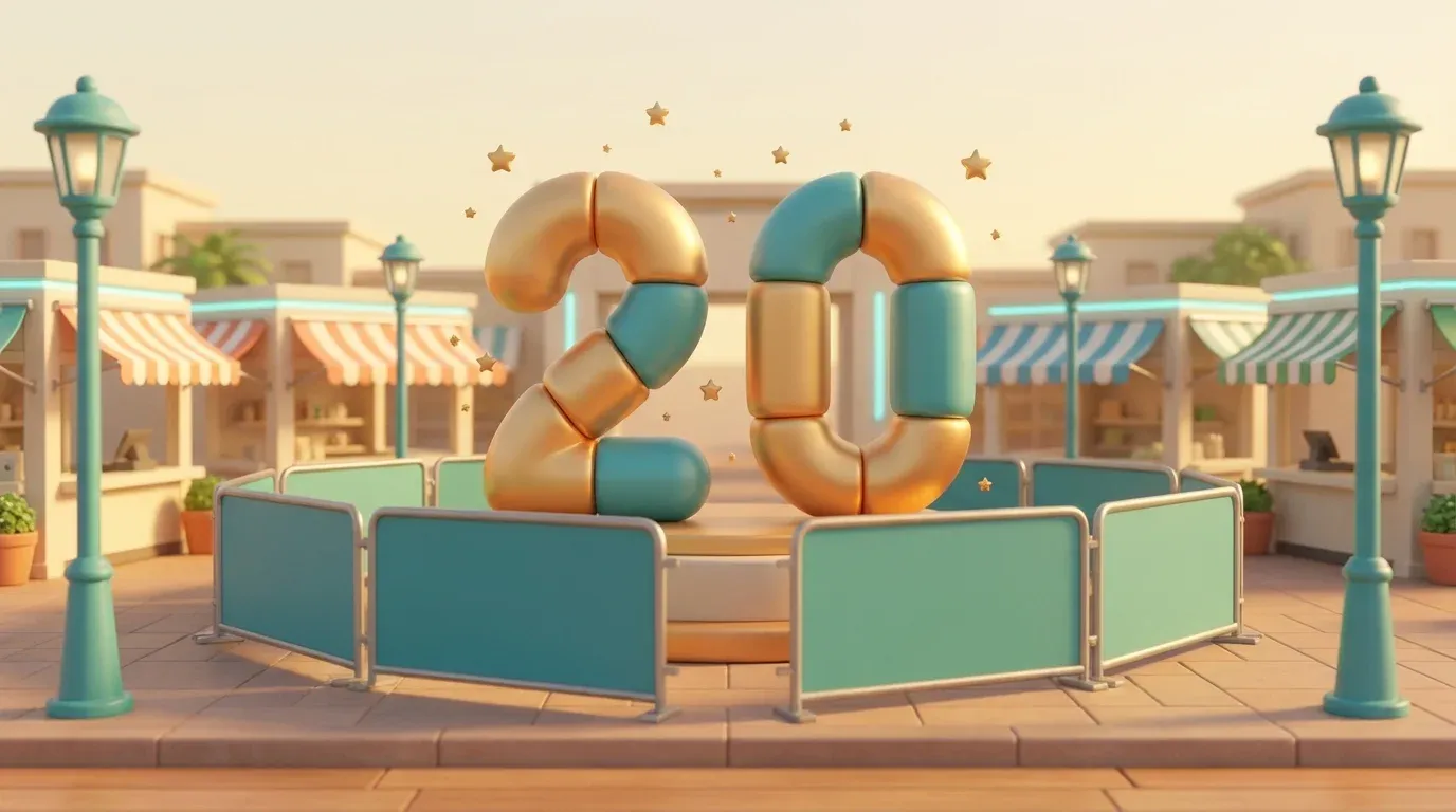ShopBroker 2.0 celebration monument in the marketplace plaza with teal and gold balloon numbers