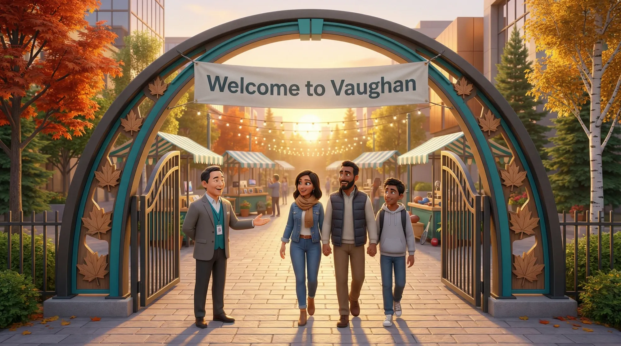 Welcome arch entrance to Vaughan marketplace with greeter and visiting family