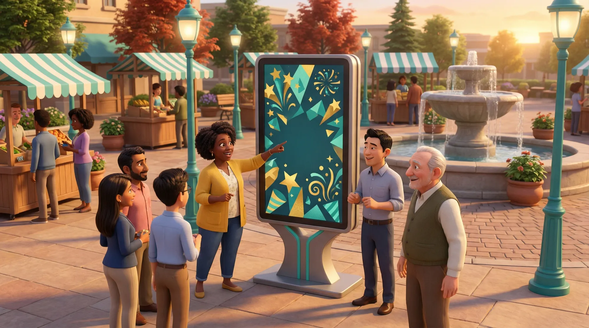 Community gathering at marketplace plaza with celebration display and fountain