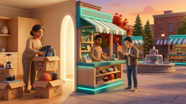 Split scene showing home decluttering transitioning to marketplace kiosk selling