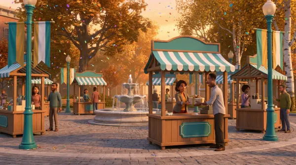 Grand marketplace opening celebration with sellers and buyers at teal kiosks