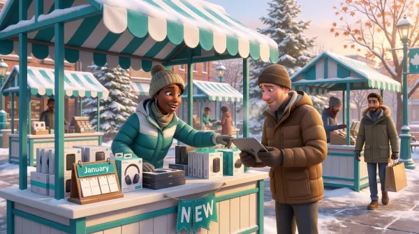 Winter marketplace in January with seller setting up new kiosk in snow