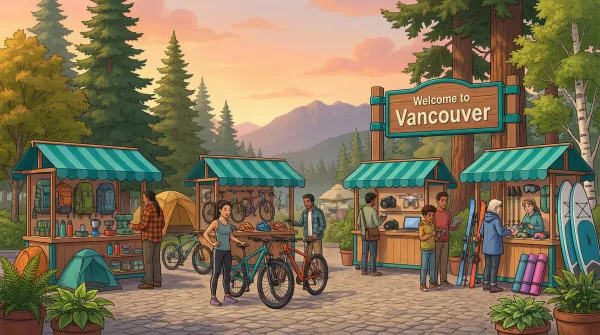 Vancouver marketplace with outdoor gear, bikes, and mountain backdrop