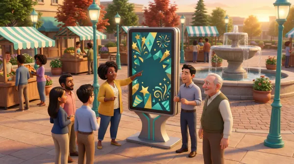 Community gathering at marketplace plaza with celebration display and fountain